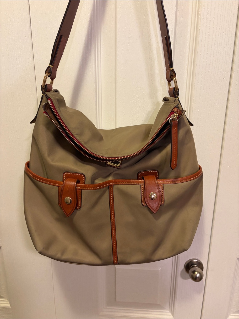 Dooney & Bourke Khaki Shoulder Bag with leather Trim - Classic Everyday Bag!